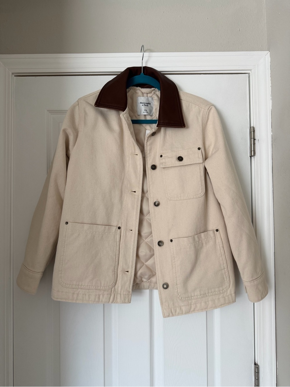 Abercrombie & Fitch Mid-Length Cream Twill Workwear Jacket